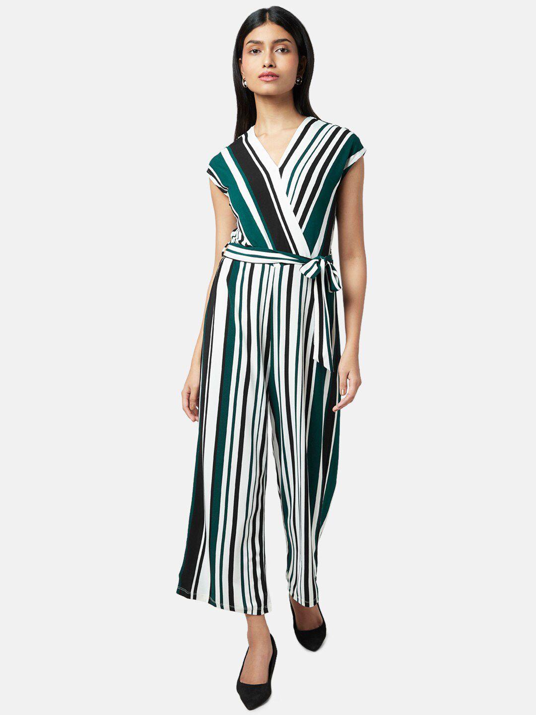 annabelle by pantaloons women white & green striped v-neck basic jumpsuit