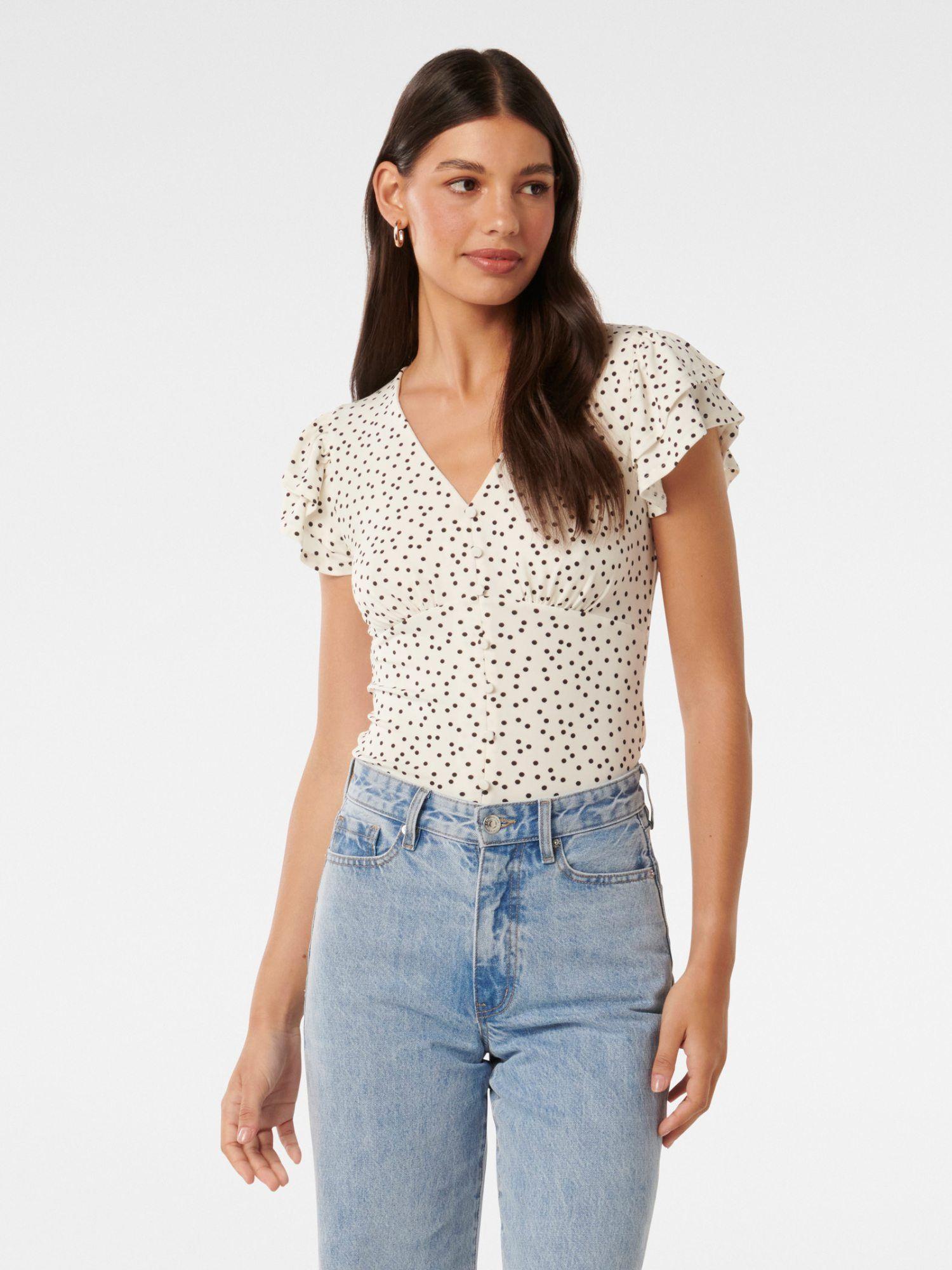 annalee printed ruffle v-neck blouse