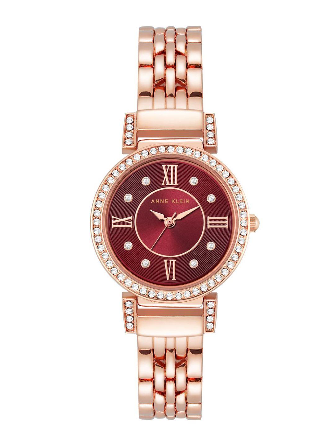 anne klein women red embellished dial & stainless steel analogue watch