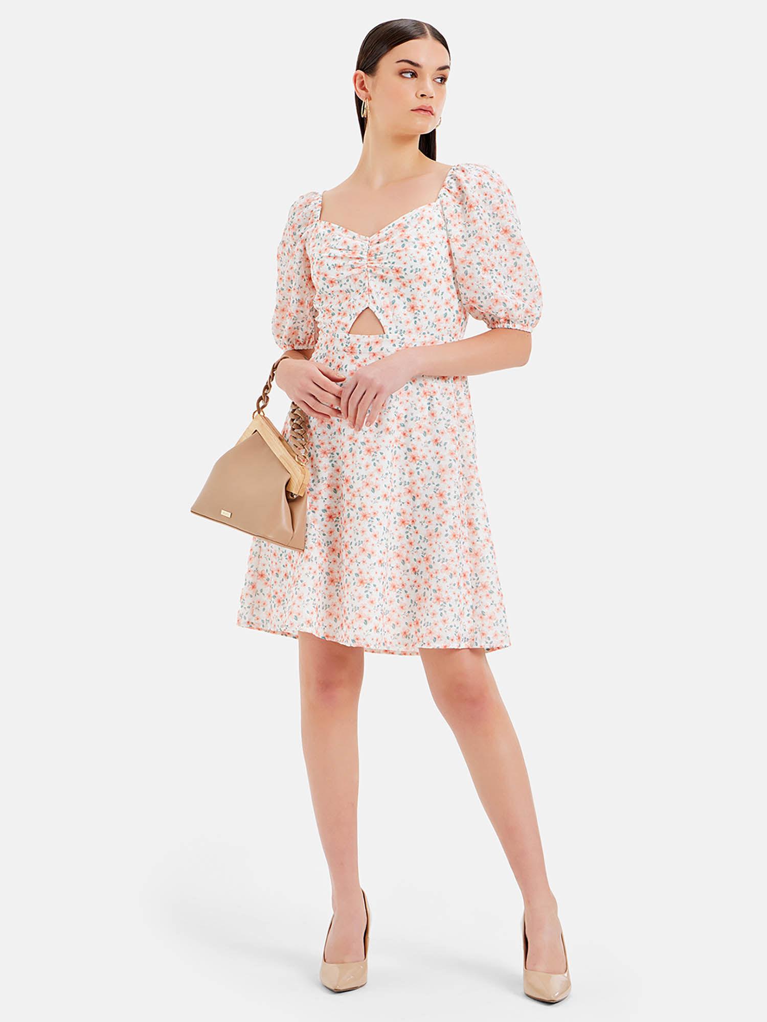 anne printed skater mini dress with cut-out