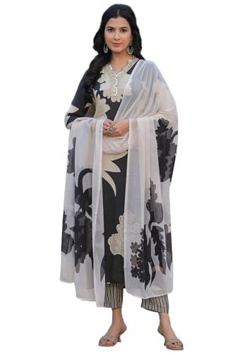 anni designer women's cotton blend printed straight kurta with pant & dupatta (5jee black_1376 large)