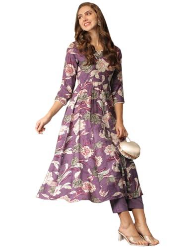 anni designer women's cotton blend anarkali printed kurta with pant (damian purple_m_wine_medium)