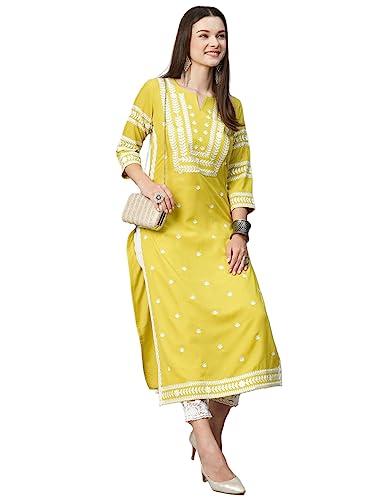 anni designer women's cotton blend chikankari embroidered straight kurta (stho-yellow-nw_m_yellow_medium)