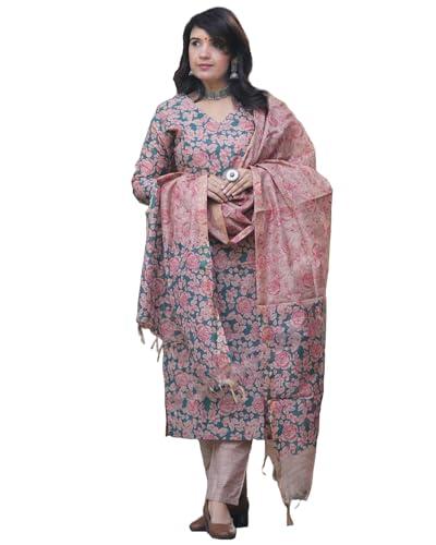 anni designer women's cotton blend printed regular kurta with pant & dupatta (moringa green_1992 xx-large)