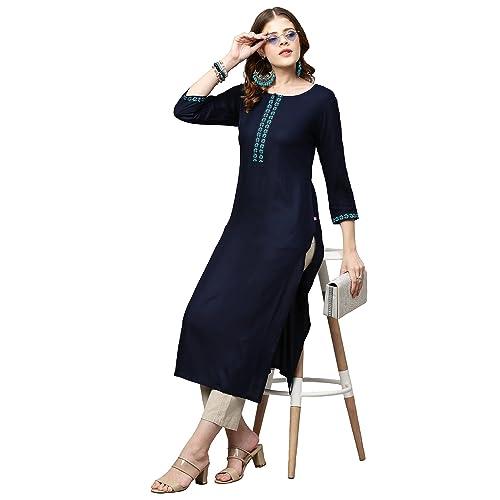 anni designer women's cotton blend printed straight kurta (kissa blue_l_blue_large)