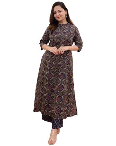 anni designer women's cotton blend printed straight kurta with palazzo (abp-clrs_blue_medium)