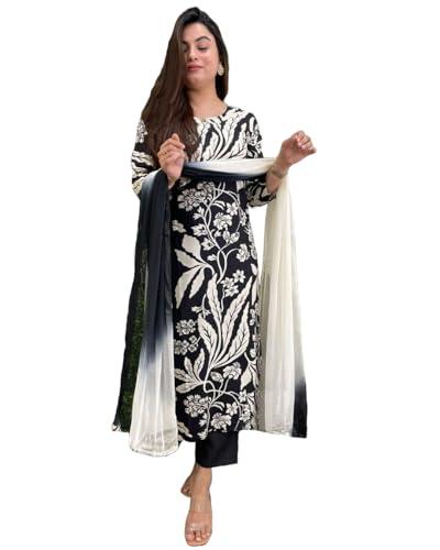 anni designer women's cotton blend printed straight kurta with pant & dupatta (jasper black_5xl_black_xxxxx-large)