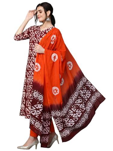 anni designer women's cotton blend printed straight kurta with pant & dupatta (karka op-wine_xl_wine_x-large)