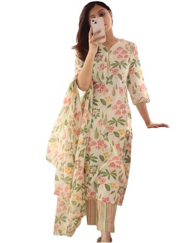 anni designer women's cotton blend printed straight kurta with pant & dupatta (kumud cream_l_cream_large)