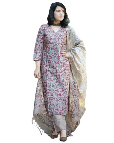 anni designer women's cotton blend printed straight kurta with pant & dupatta (moringa pink_xl_pink_x-large)