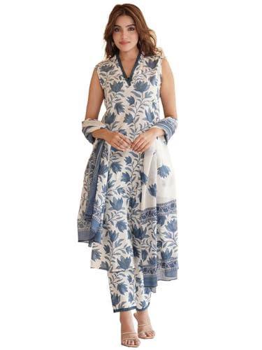 anni designer women's cotton blend printed straight kurta with pant & dupatta (root white_3xl_white_xxx-large)