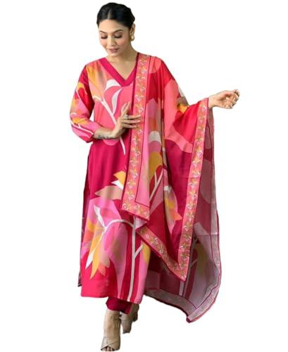 anni designer women's cotton blend printed straight kurta with pant & dupatta (tumari pink_xxl_pink_xx-large)