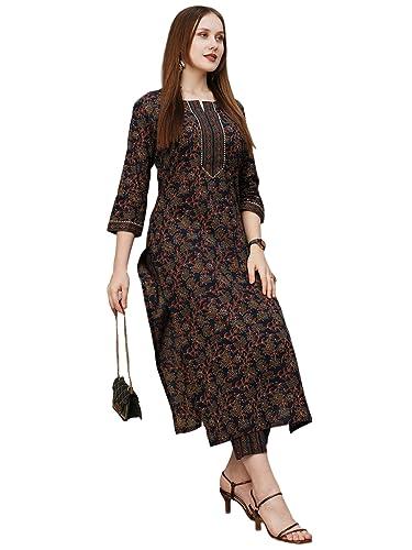 anni designer women's cotton blend printed straight kurta with pant (end blue_xxl_blue_xx-large)