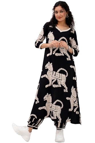 anni designer women's cotton blend printed straight kurta with pant (lanka black_2306 x-large)