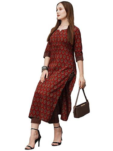 anni designer women's cotton blend printed straight kurta with pant (nita maroon_m_maroon_medium)