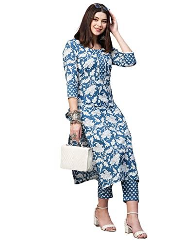 anni designer women's cotton blend printed straight kurta with pant (pustak blue-nw_l_white/blue_large)