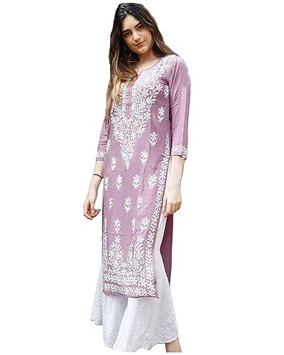 anni designer women's cotton blend straight chikankari embroidered kurta (victoria purple_xl_purple_x-large)