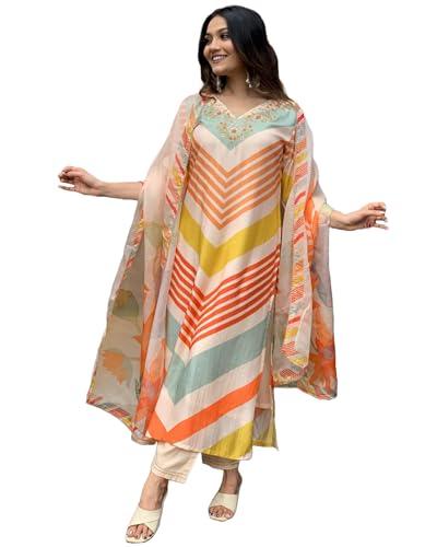 anni designer women's cotton blend straight printed kurta with pant & dupatta (dhimi cream_xxl_cream_xx-large)