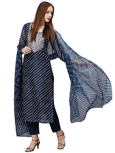 anni designer women's cotton blend straight printed kurta with pant & dupatta (doremi navy-nw_xl_navy blue_x-large)