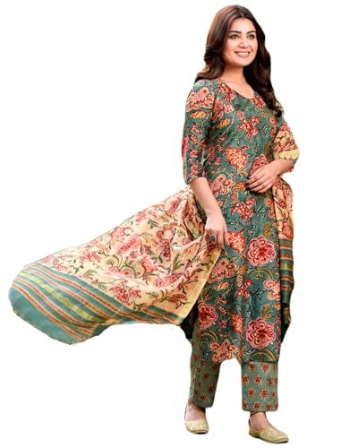 anni designer women's cotton blend straight printed kurta with pant & dupatta (fta green_l_green_large)