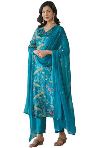 anni designer women's cotton blend straight printed kurta with pant & dupatta (geto rama_l_light blue_large)