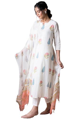 anni designer women's cotton blend straight printed kurta with pant & dupatta (nairiti white_l_white_large)