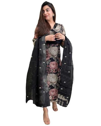 anni designer women's cotton blend straight printed kurta with pant & dupatta (poona black_3xl_black_xxx-large)