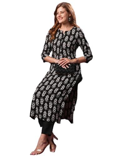 anni designer women's cotton blend straight printed kurta with pant (ganmurti black_xl_black_x-large)