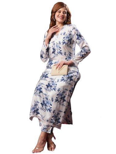 anni designer women's cotton blend straight printed kurta with pant (pivar white_m_white_medium)