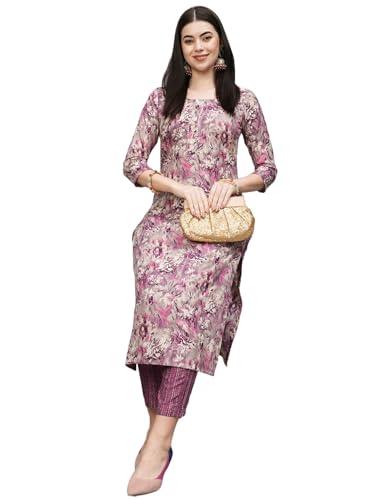 anni designer women's cotton blend straight printed kurta with pant (seep purple_m_purple_medium)