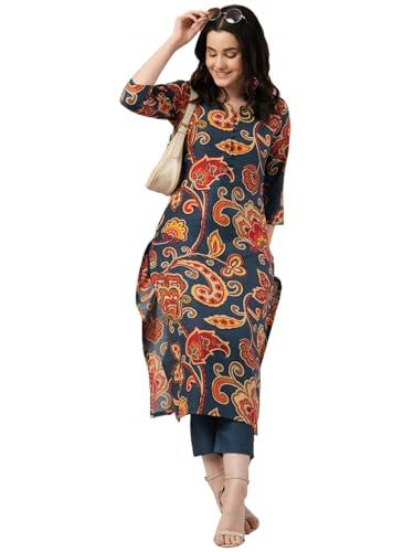 anni designer women's cotton blend straight printed kurta with pant (tinka kerosin_l_dark blue_large)