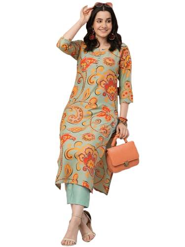 anni designer women's cotton blend straight printed kurta with pant (tinka pista_m_pista_medium)