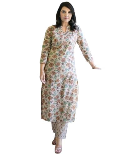 anni designer women's cotton blend straight printed kurta with pant (wide cream_l_cream_large)