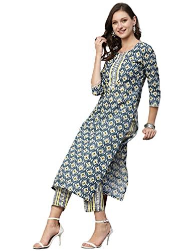 anni designer women's cotton blend straight printed kurta with pant set (tbh blue_xl_blue_x-large)