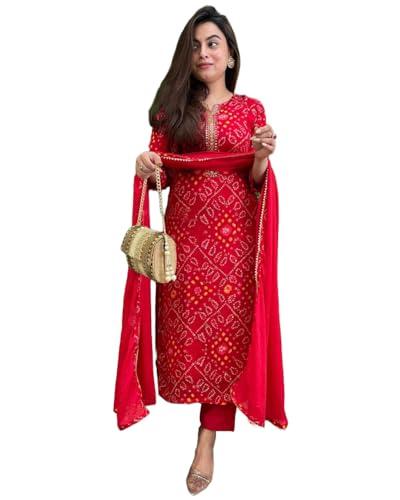 anni designer women's rayon blend bandhani printed straight kurta with pant & dupatta (turae-red_s_red_small)