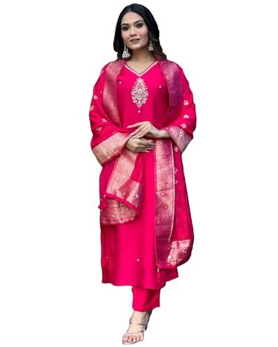 anni designer women's silk blend straight embroidered kurta with pant & dupatta (premium pink_m_pink_medium)