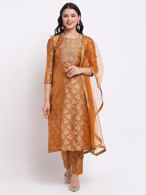 anokherang brown woven pattern kurta pant set with dupatta