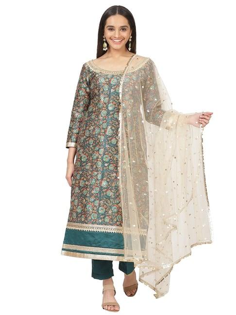 anokherang green floral print kurti with pants & dupatta