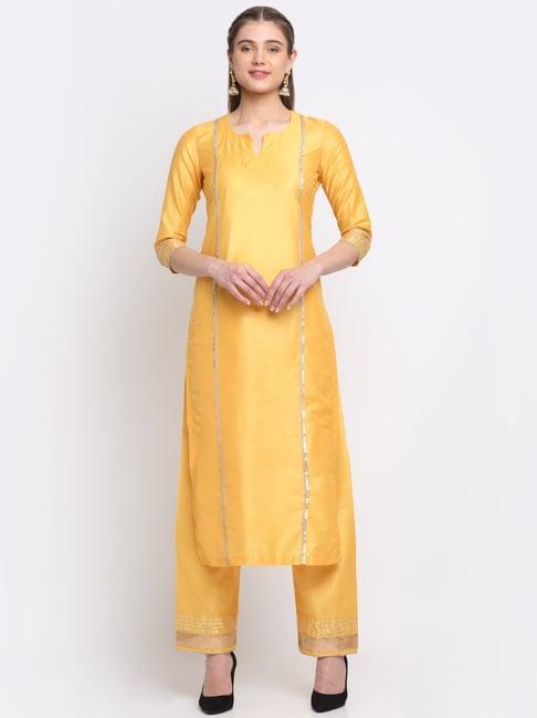 anokherang yellow embroidered kurta palazzo set