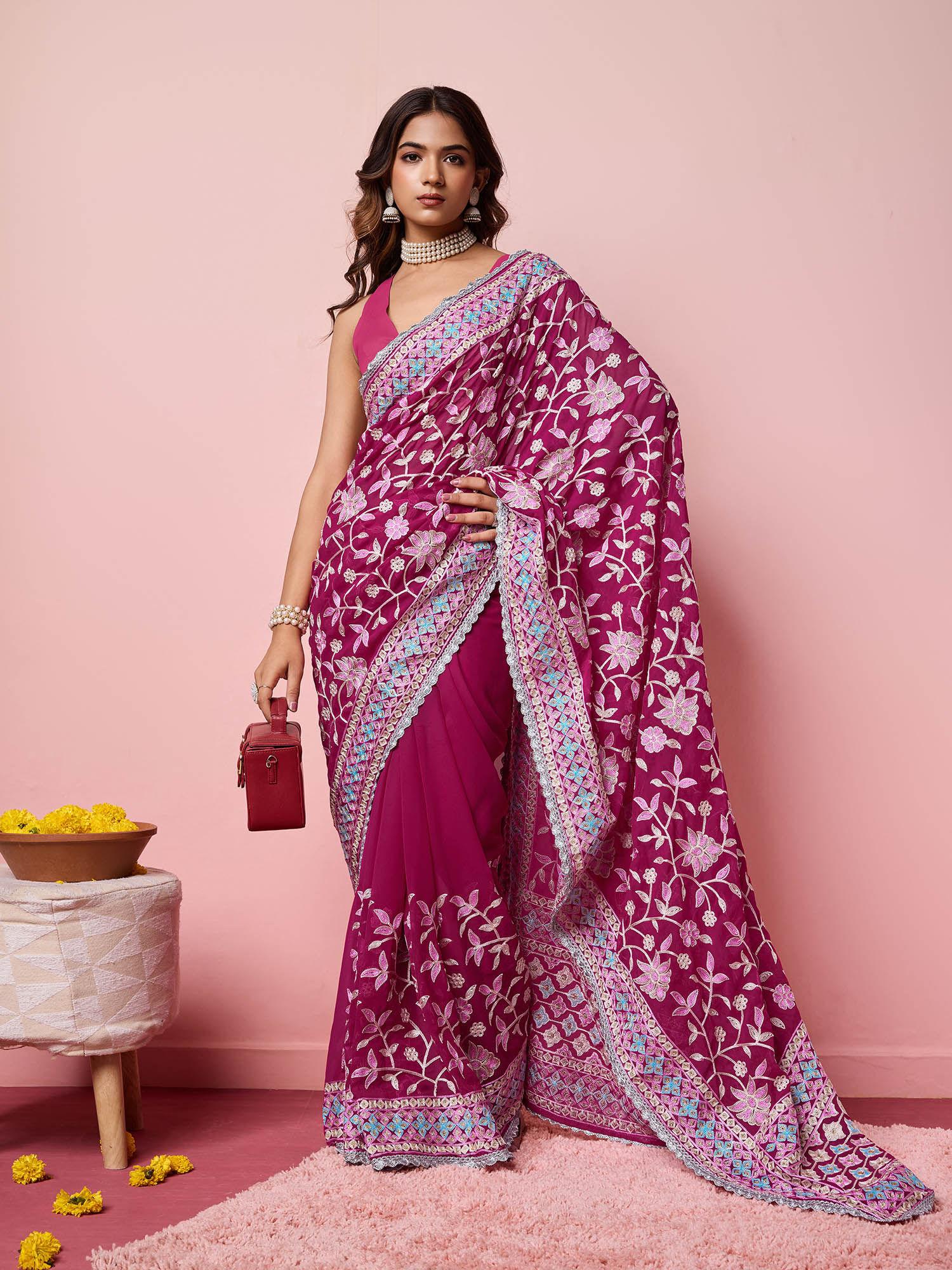 anokhi magenta georgette embroidered work saree with unstitched blouse