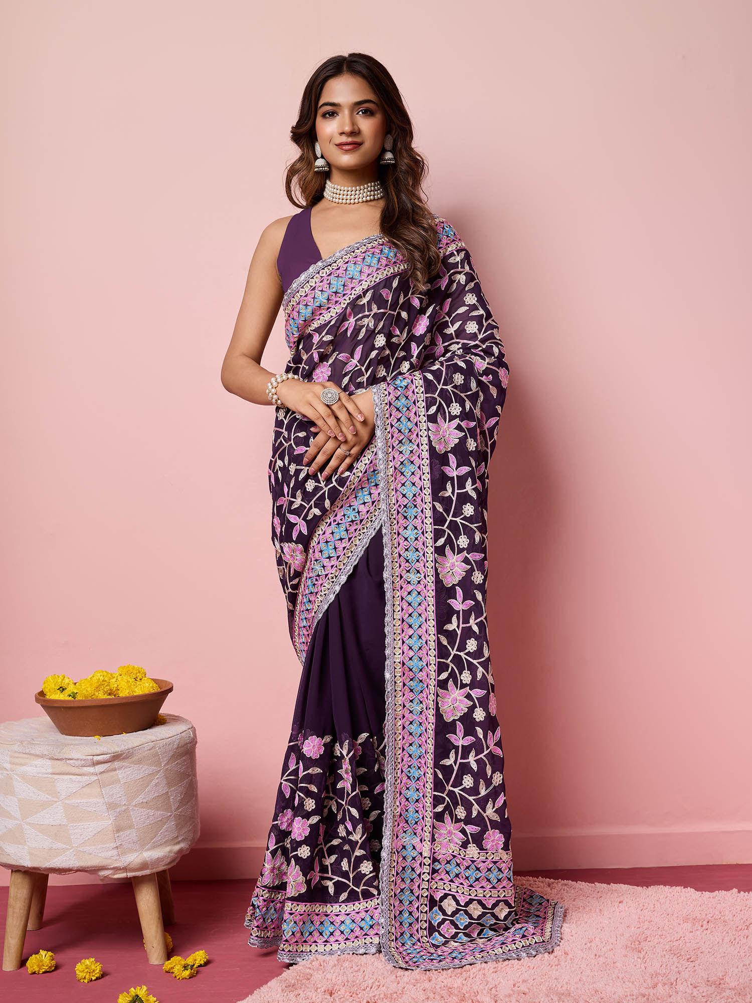 anokhi purple georgette embroidered work saree with unstitched blouse