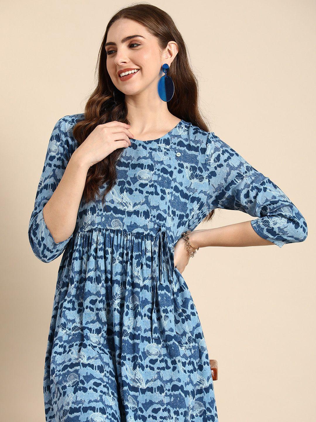 anouk abstract printed gathers detail a-line ethnic dress