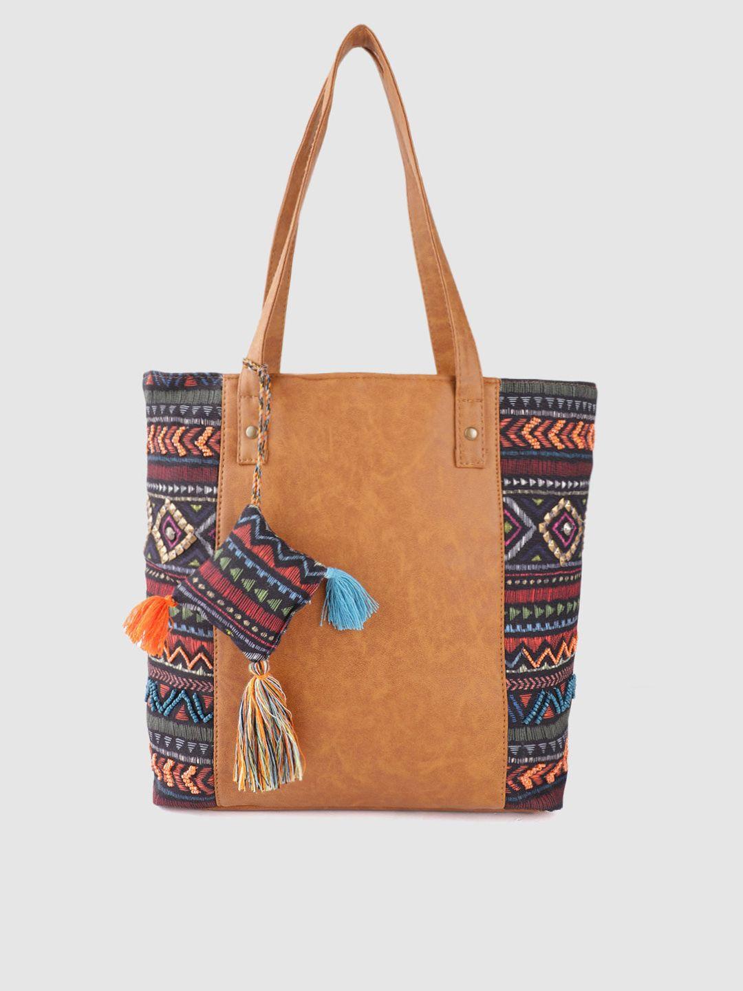 anouk beige geometric print embellished structured shoulder bag with tassels