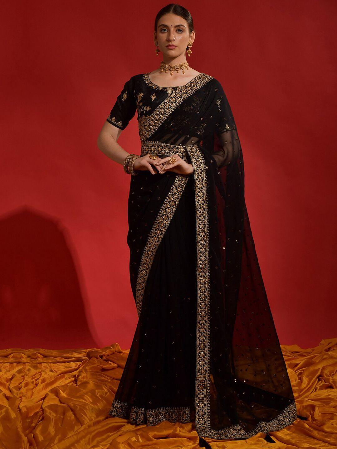 anouk black & gold-toned floral embroidered pure georgette saree