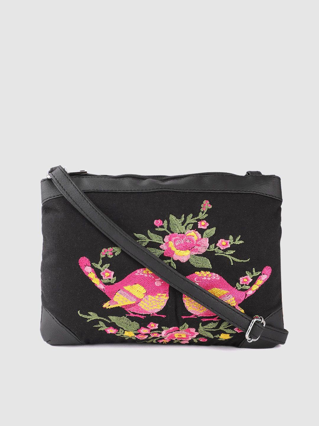 anouk black & pink birds & floral embroidered structured sling bag