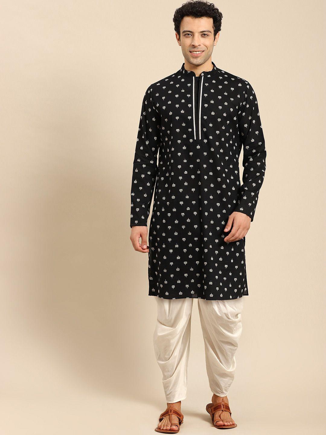 anouk black ethnic motifs printed mandarin collar straight kurta & dhoti pants