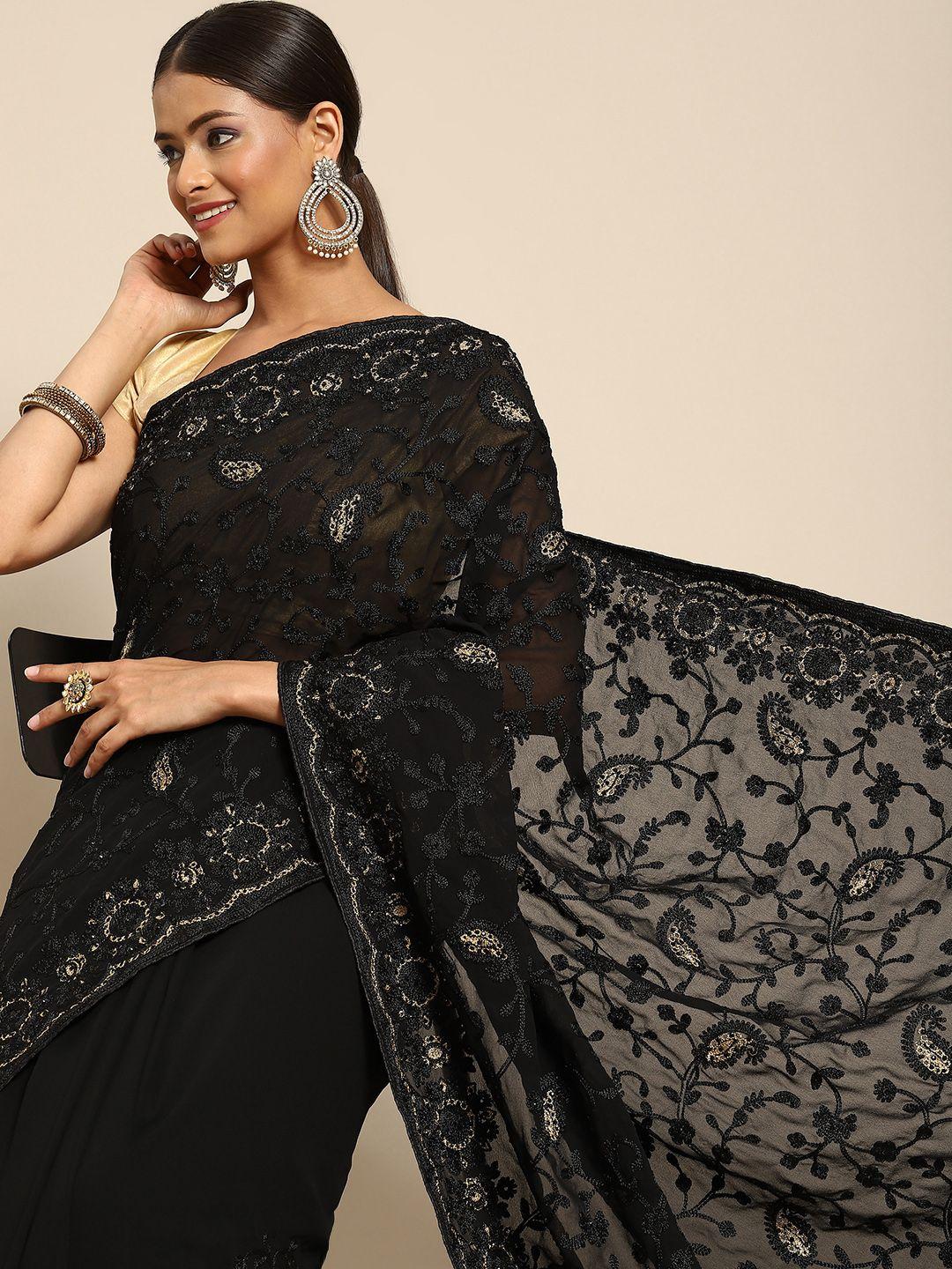 anouk black floral embroidered saree