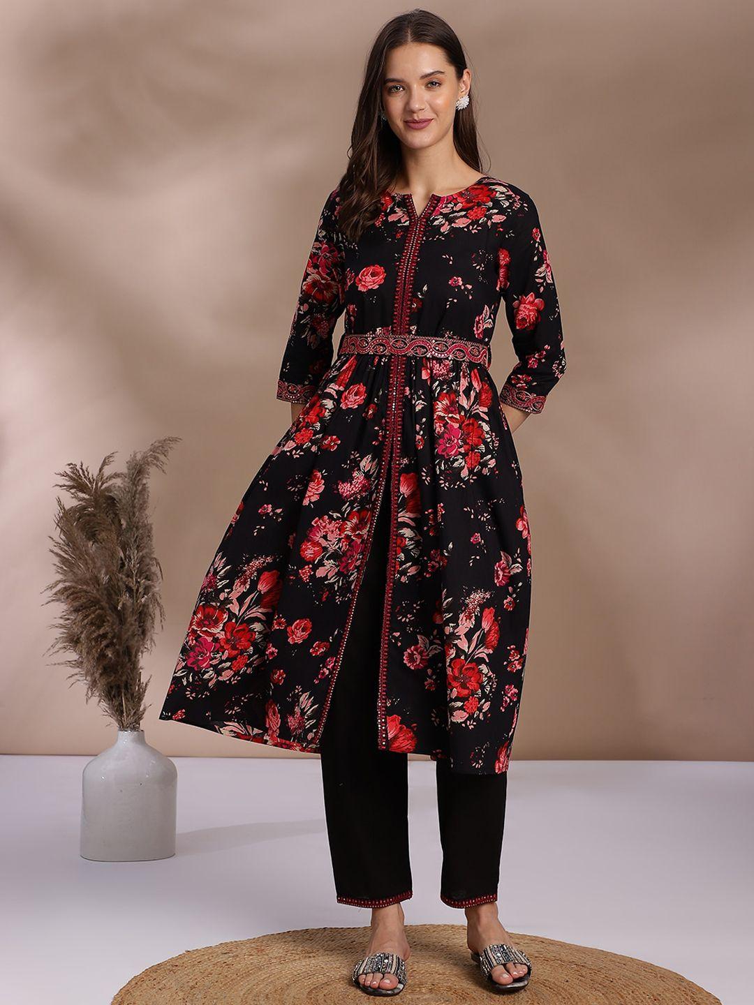 anouk black floral printed sequinned detailed pure cotton a-line kurta with trouser