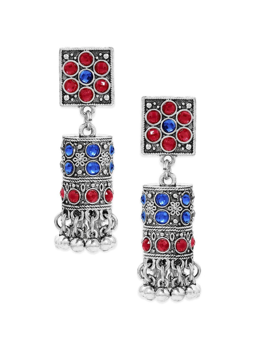 anouk blue & silver-plated spherical oxidised jhumkas earrings