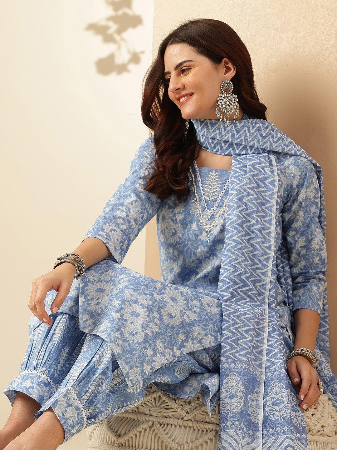 anouk blue floral printed regular thread work pure cotton kurta with patiala & dupatta